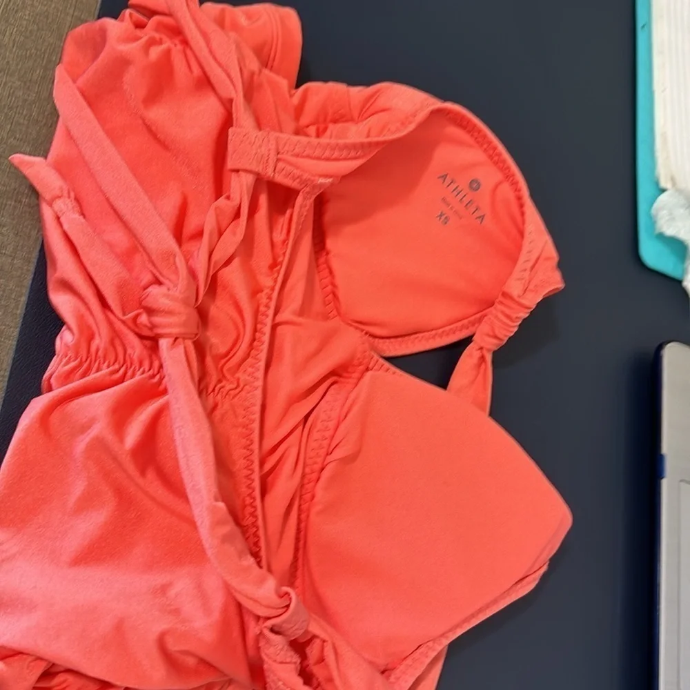 Athleta Ruched‎ Tankini Swim Top Women's XS Neon Orange Removable Bra Pads